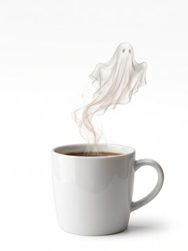 White coffee mug with steam forming a spooky ghost on white background, Halloween morning beverage concept.
