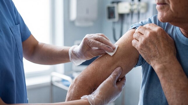 Healthcare professional cleaning an elderly patient&rsquo;s arm with antiseptic swab before medical treatment in a clinical setting