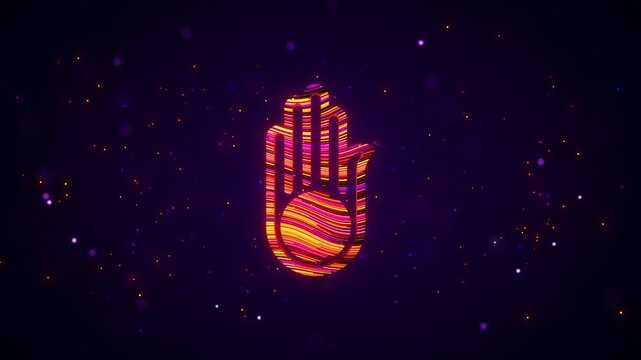 Animated 3D Jain Ahimsa hand rotates with vivid orange, yellow, and magenta stripes and glowing particles on a purple cosmic background, symbolizing nonviolence, compassion, and peace.