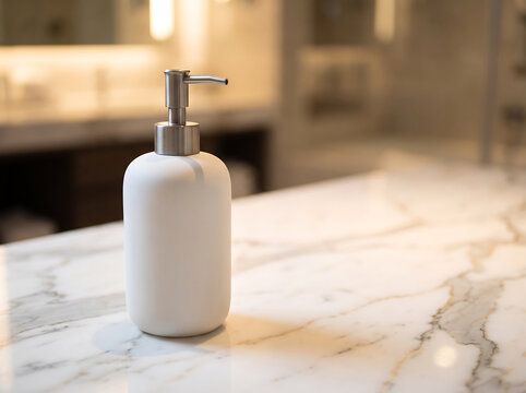 Modern matte white liquid soap dispenser on a luxurious marble vanity countertop transparent background