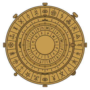 Vintage mechanical brass desktop device with intricate concentric rings featuring ancient runic alphabets mystical occult symbols and alchemical signs for divination and steampunk decor