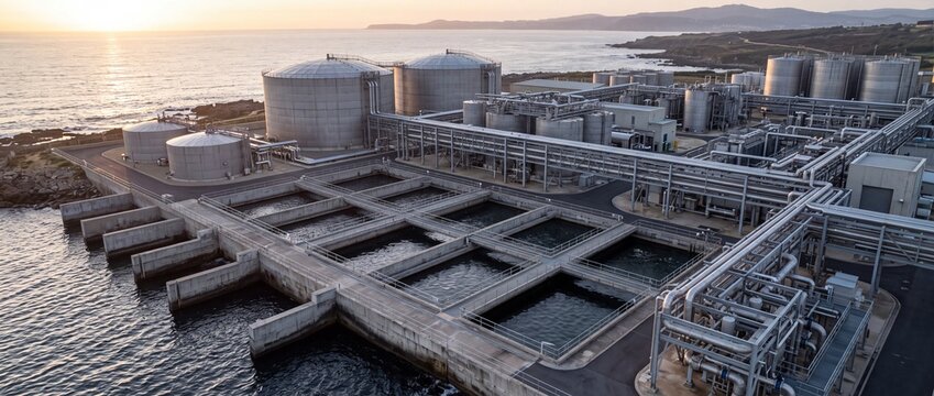 Desalination plant on the coast, with industrial structures and pools near the sea at sunset.