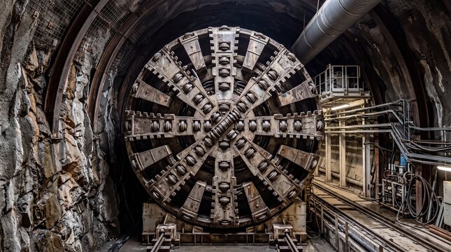 Massive tunnel boring machine in operation within a dark, unfinished tunnel.