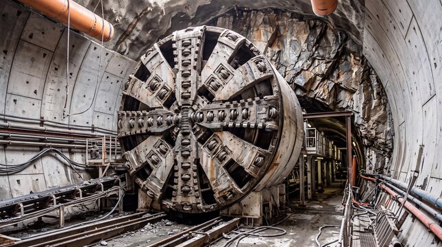 Tunnel boring machine in action, constructing an underground tunnel.