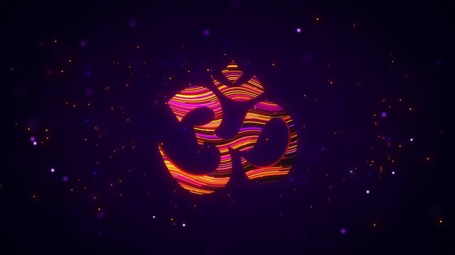 Animated 3D Omkar symbol rotates with bright orange, yellow, and magenta flowing stripes and glowing particles against a purple cosmic background, evoking Hindu meditation and universal consciousness.