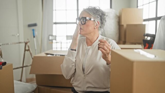 Woman touching chin with hand amid cardboard boxes while packing for a move in building; pensiveness moving transition.