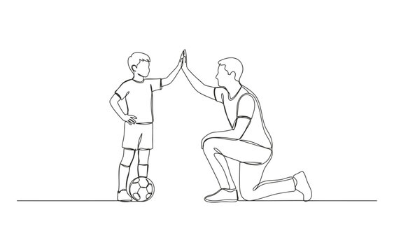 Continuous line art illustration of a soccer coach and child player high fiving with youth soccer high five simple art