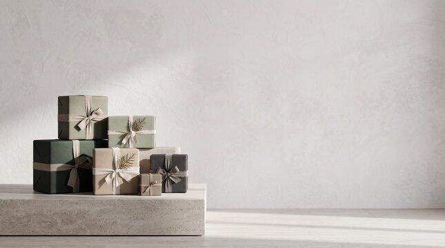 Minimalist stack of wrapped gift boxes on a podium against a white wall for Boxing Day shopping event and winter holiday sales