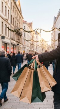 Person holding multiple shopping bags on a bustling European city street decorated for Boxing Day sales and winter holiday shopping