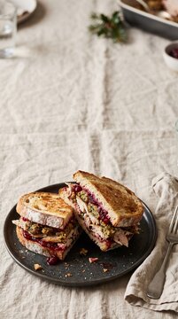 Leftover Christmas turkey and stuffing sandwich with cranberry sauce on a plate for a traditional Boxing Day meal