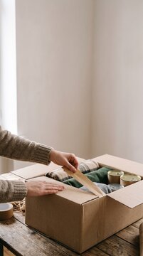 Person packing a donation box with clothes and canned food for charity and community support during Boxing Day and holiday season