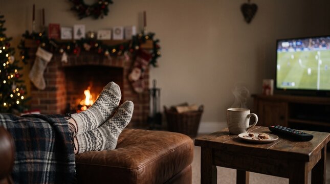 Person relaxing with wool socks on a footstool watching football on TV near a cozy fireplace during Boxing Day holiday at home