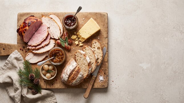 Traditional Boxing Day cold meat buffet spread with sliced ham, roast turkey, artisan bread, cheese, and chutneys on a wooden cutting board