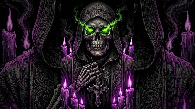 A skeletal figure in a hooded robe, with glowing green eyes and praying hands, surrounded by purple candles. The figure holds a cross, evoking a sense of dark spirituality and mystery