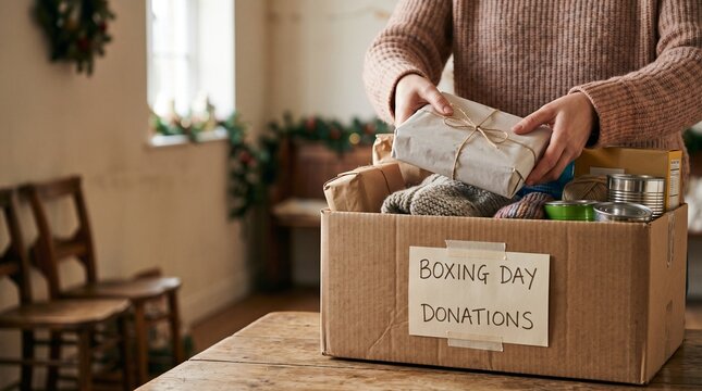 Person putting a gift package into a cardboard box labeled "Boxing Day Donations" for charity and community support during the holiday season