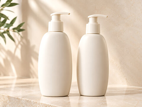 Two blank white plastic pump bottles for cosmetic skincare products transparent background
