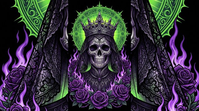 A regal skeleton wearing a crown, adorned with roses and surrounded by flames. The artwork features intricate designs in green and purple hues, conveying a sense of dark royalty and gothic aesthetics