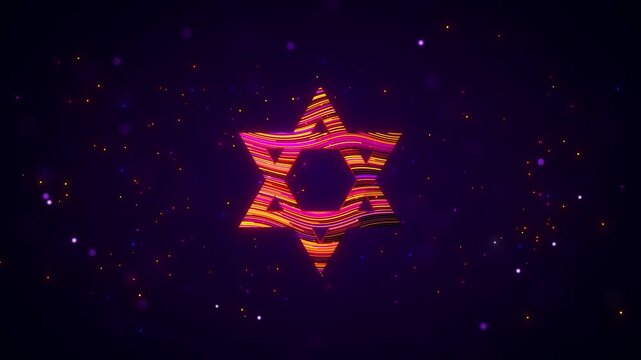 Animated 3D Star of David rotates with orange, yellow, and magenta glowing stripes and particles against a purple cosmic background, representing Jewish identity, faith, heritage, and tradition.