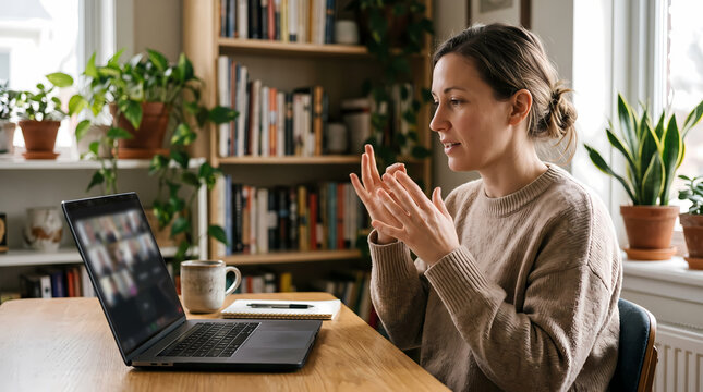 Remote work video conference call woman at home office desk