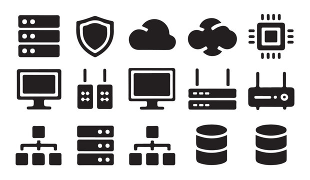 Data server and network infrastructure icons black silhouette design for database management and system admin.