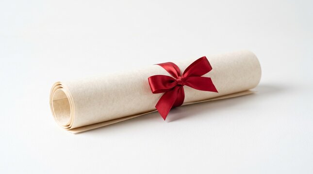 Rolled antique parchment paper scroll tied with a red satin ribbon bow on a clean white background