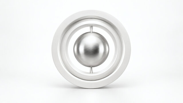 Silver sphere inside concentric rings representing gyroscope balance, quantum physics, and core technology