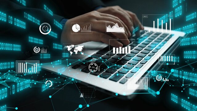 A close-up of hands typing on a laptop keyboard, surrounded by digital graphs and analytics, symbolizing the integration of technology and data-driven decision making in business. Xenic