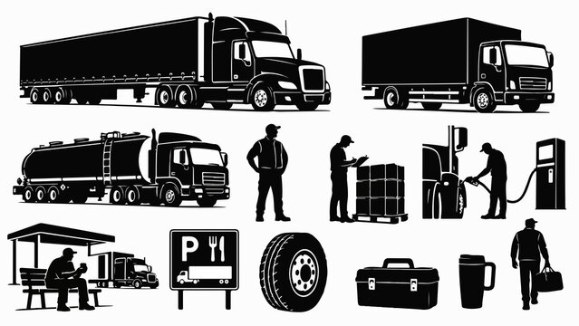 Collezione di silhouette di camionisti con camion carico rifornimento e sosta. Generative AI 