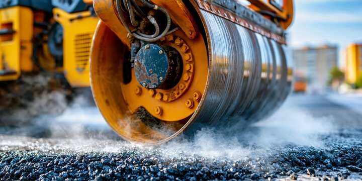 Close-up of a yellow road roller compacting fresh asphalt, steam rising, urban construction.