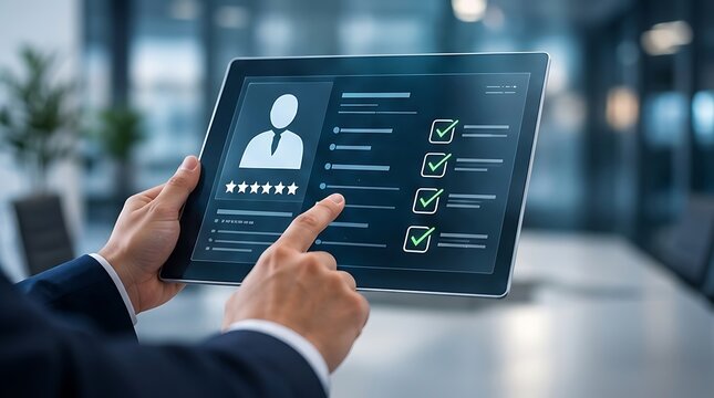Businessman using a digital tablet for human resources management, candidate profile screening, and performance evaluation with a five-star rating and checklist in a modern corporate office setting.
