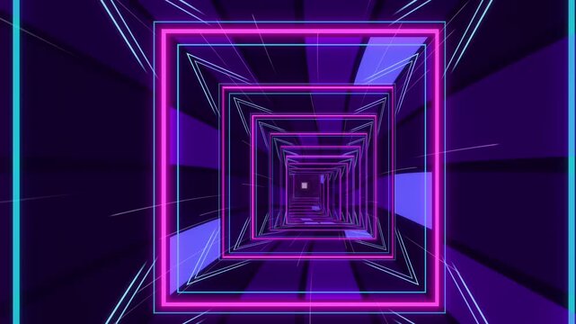 Neon square frames recede through a shifting purple tunnel of cyan light lines