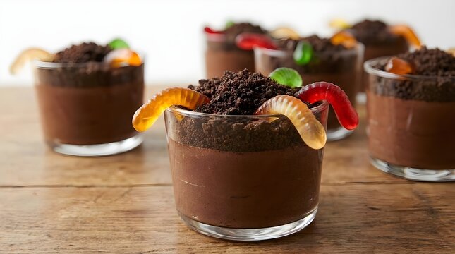 Graveyard dirt dessert cups with gummy worms
