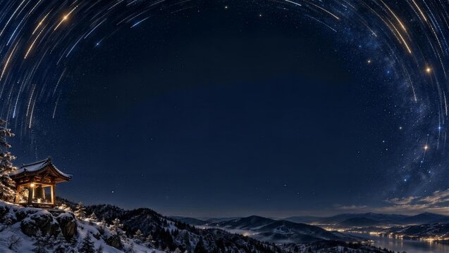 星の軌跡と雪山と小さな鐘楼の夜空フレーム（大晦日）