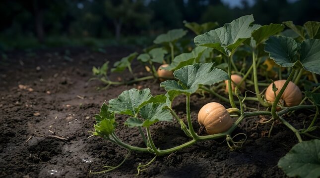 Overgrown pumpkin vines on dark garden soil at night