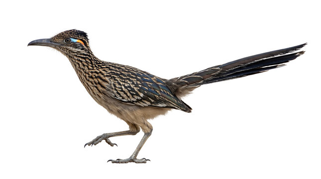 Clean side-profile portrait of a Greater Roadrunner emphasizing its distinctive elongated body and long tail.