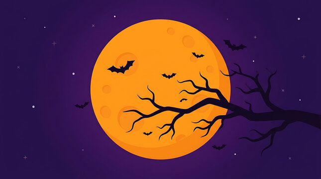 Silhouette of a tree branch against a large orange full moon with bats in a purple night sky