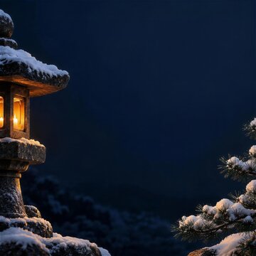 雪をかぶった石灯籠と松の枝の夜のフレーム（大晦日）