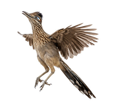 Greater Roadrunner frozen at the peak of a vertical leap, creating a distinctive commercial wildlife cutout.