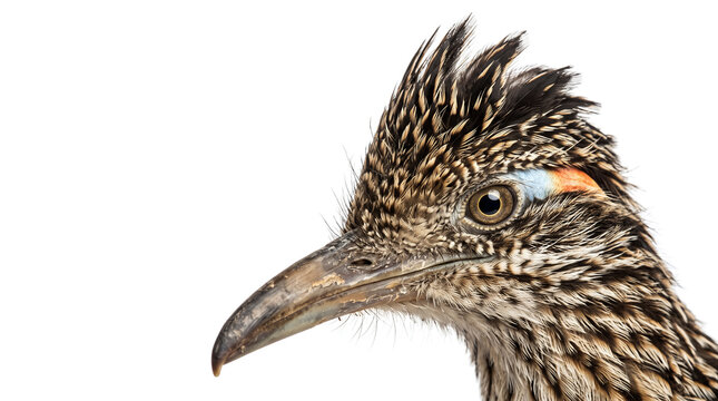 Detailed isolated close-up of a Greater Roadrunner highlighting its expressive eye, shaggy crest and distinctive facial markings.