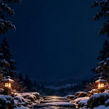 雪の森の石畳と二つの灯籠の夜のフレーム（大晦日）