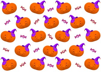 Obraz premium Cute Halloween Seamless Pattern with Jack-O-Lanterns Pumpkins and Purple Candy Seamless Texture on White Background for spooky season textiles, party decorations, wrapping paper, digital wallpapers.