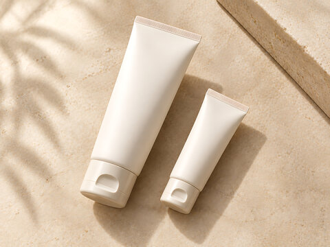 Two blank white cosmetic tubes on a textured stone surface with palm leaf shadows transparent background