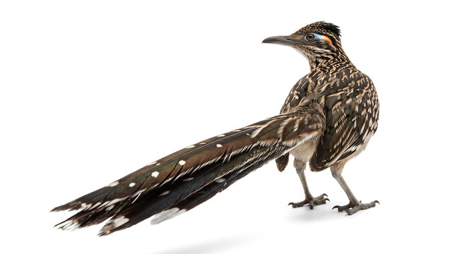 Unusual rear three-quarter view emphasizing the Greater Roadrunner's distinctive long tail and feather pattern.