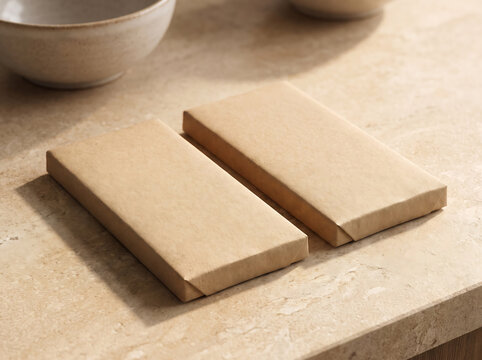 Two blank rectangular chocolate bars wrapped in ecofriendly brown craft paper transparent background