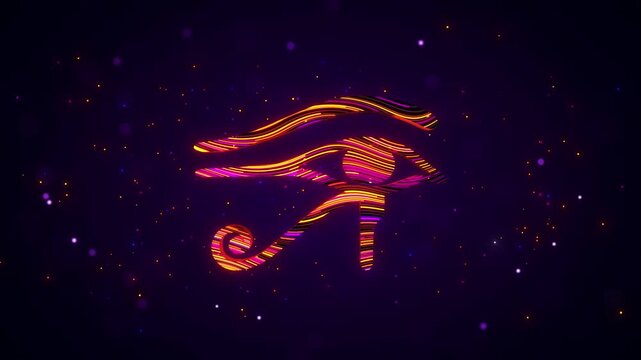 Animated 3D Eye of Horus rotates with glowing orange, yellow, and magenta light trails and particles against a purple cosmic background, evoking ancient Egyptian protection and spiritual power.