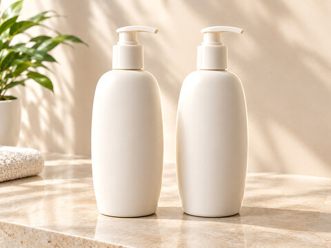 Two white blank cosmetic pump bottles standing on a beige marble surface transparent background