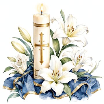 Tall Paschal Candle With Gold Cross and White Lilies Watercolor