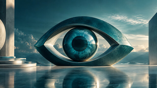 Surreal artistic giant eye sculpture in a futuristic architectural setting transparent background