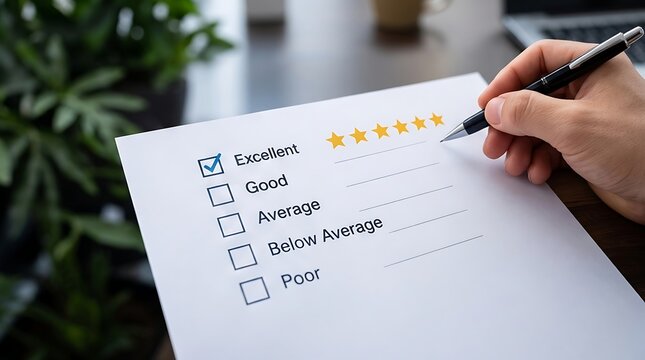 Close up of a hand checking the excellent box on a customer satisfaction survey form with five stars, representing high quality service, performance review, and positive consumer feedback.