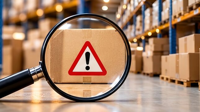 Close up of a magnifying glass inspecting a cardboard box with a red triangle warning sign in a large warehouse environment, symbolizing quality control, logistics safety, and parcel inspection.